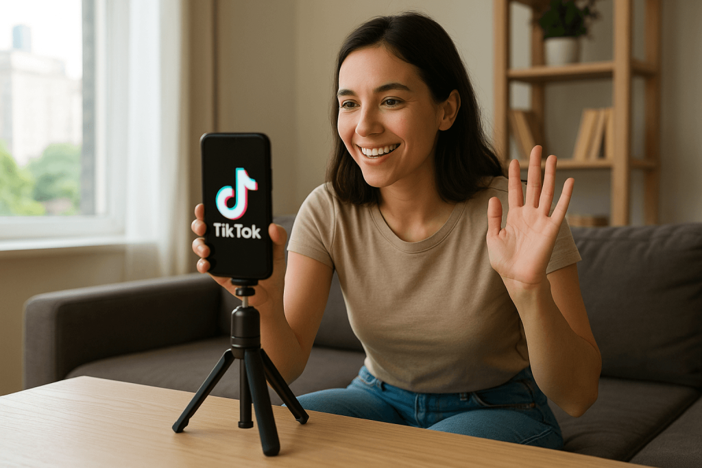 Persona grabando video corto para TikTok desde su casa en Caracas"